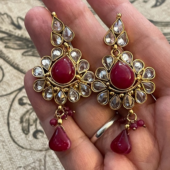Faux ruby and diamond gold tone drop earrings - Picture 6 of 6